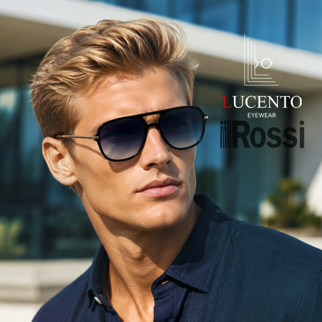 عینک آفتابی مردانه Rossi با فریم کائوچویی مشکی دو پل و عدسی سرمه ای سایه روشن