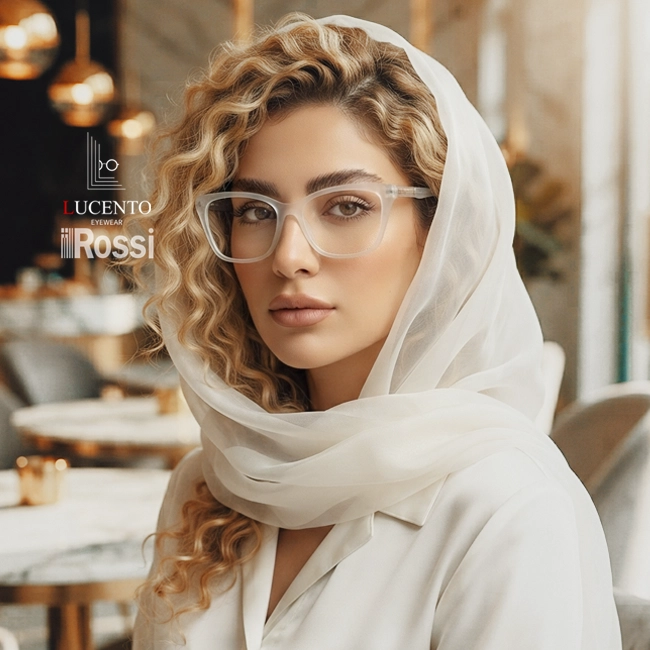 عینک طبی زنانه ROSSI مدل RB7131 با فریم کائوچویی یخی، نمای روبه‌رو و جانبی، سایز 52-19-47 و طول دسته 145 میلی‌متر