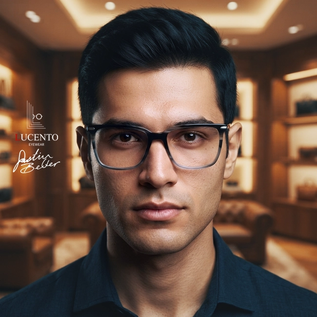 عینک طبی مردانه JUSTIN BEBER مدل LA109 با فریم مستطیلی مشکی-خاکستری، نمای روبه‌رو با سایز 64□13-135 و ابعاد 135 در 40 میلی‌متر