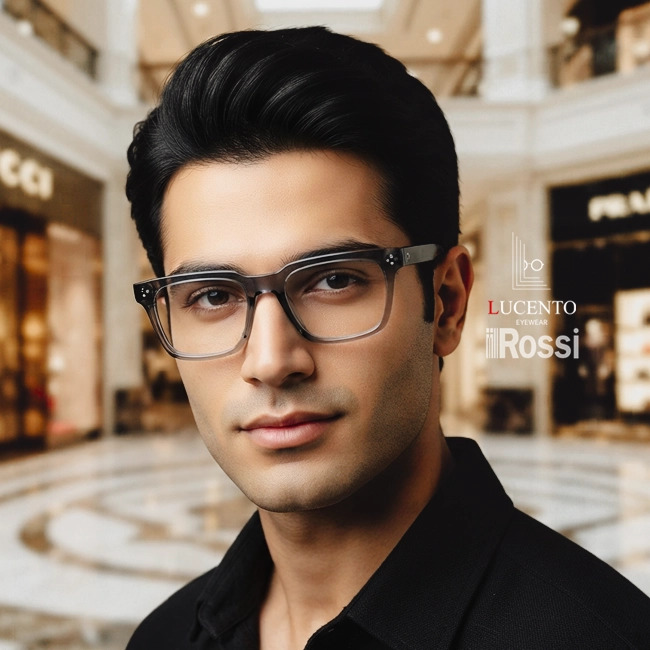 عینک طبی مردانه ROSSI HA104 با فریم مستطیلی ویفری دودی خاکستری و ابعاد 53-17-45-145