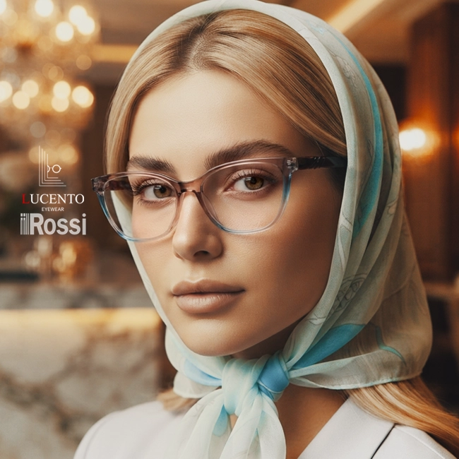 عینک طبی زنانه ROSSI مدل 17285 با فریم گربه‌ای کائوچویی دو رنگ قهوه‌ای و آبی و ابعاد 53-17-45-143 میلی‌متر