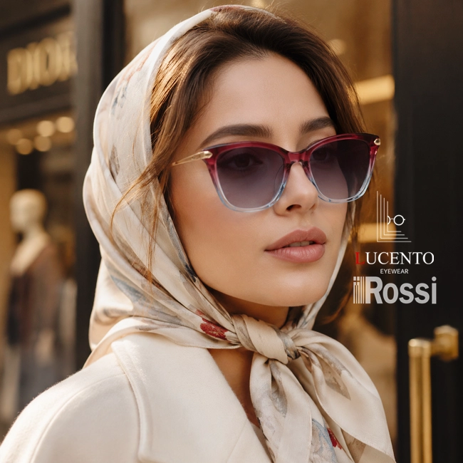 عینک آفتابی زنانه Rossi مدل R8123 گربه ای دو رنگ آلبالویی و آبی با عدسی دودی