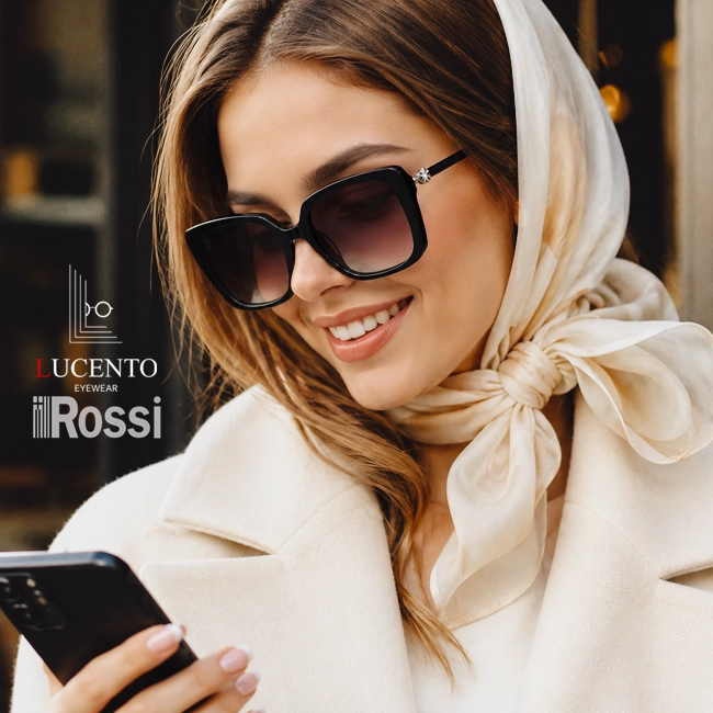 عینک آفتابی زنانه Rossi مدل R8047 پروانه‌ای با فریم مشکی و عدسی قهوه‌ای سایه‌روشن
