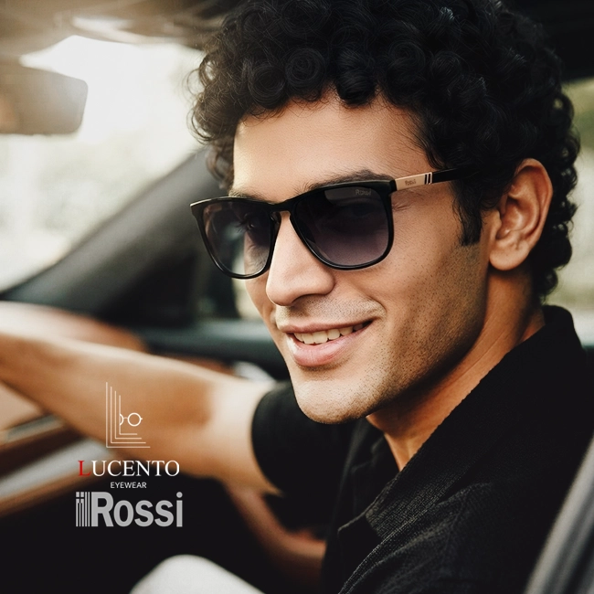 عینک آفتابی مردانه Rossi مدل 12190MS با فریم مشکی و دسته‌های طلایی