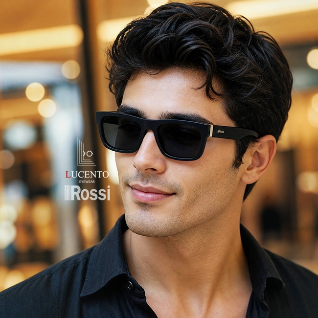 عینک آفتابی مردانه ROSSI R120 سایز 51 با فریم ویفری مشکی و عدسی مشکی دودی UV400 پولاریزه