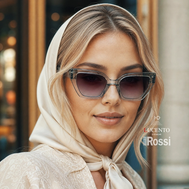 آلت تکست: عینک آفتابی زنانه ROSSI مدل R121 سایز 52 با فریم گربه ای زیتونی و شفاف و عدسی قهوه ای UV400 پولاریزه