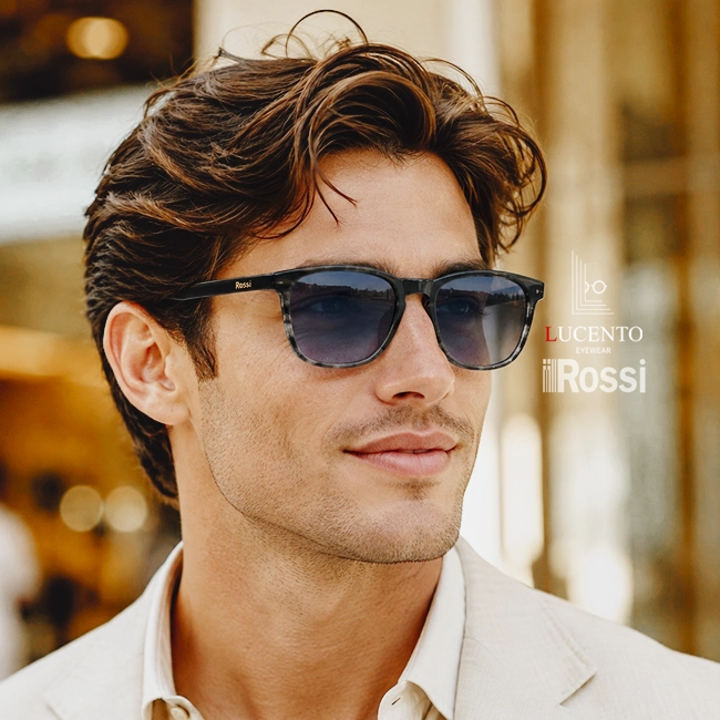 عینک آفتابی مردانه ROSSI مدل 12254M سایز 55 با فریم مربعی دو پل طرح دار مشکی و عدسی آبی سیر UV400 پولاریزه