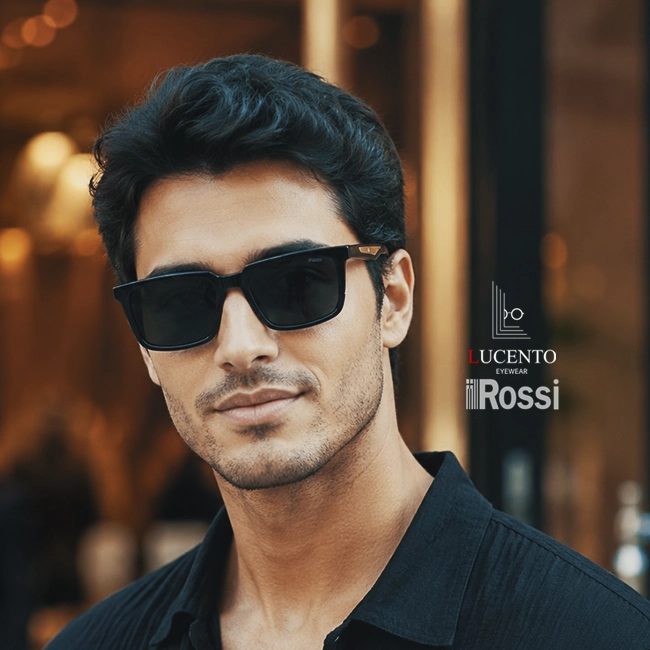عینک آفتابی مردانه ROSSI مدل R116 سایز 54 با فریم مستطیلی مشکی و عدسی مشکی دودی UV400 پولاریزه