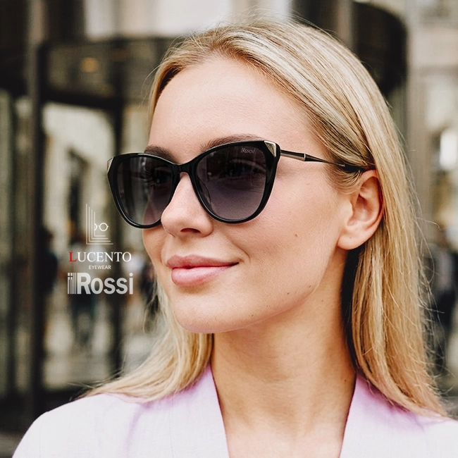 عینک آفتابی زنانه ROSSI 12712WS سایز 55 با فریم گربه‌ای مشکی و عدسی دودی سایه‌روشن UV400 پولاریزه